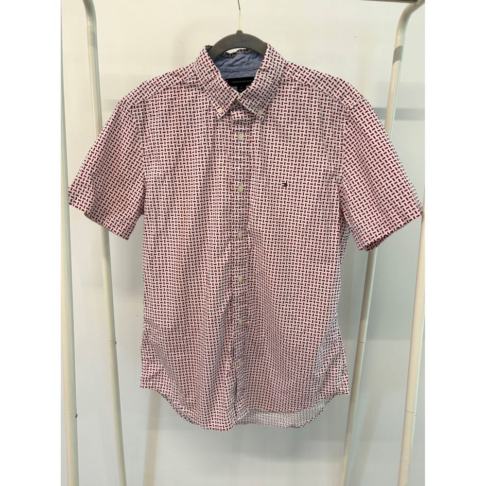 Tommy Hilfiger Mens Short Sleeve Button Down Shirt Red Navy Geometric Print M‎